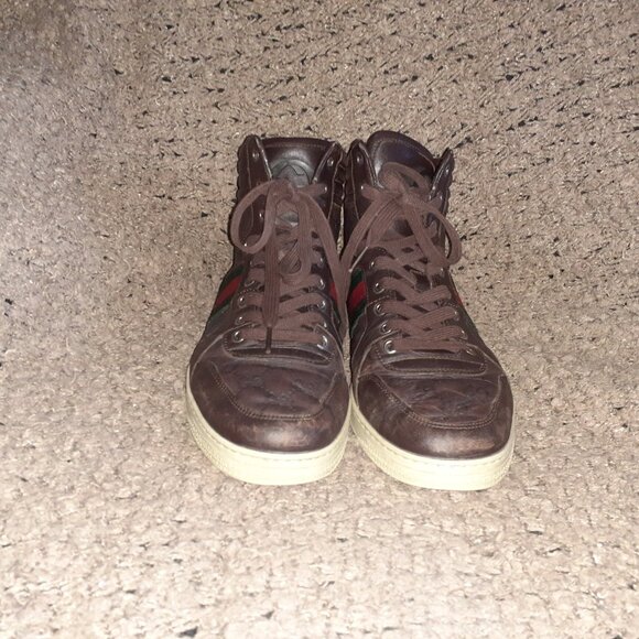 GUCCI-GG High Top 'Guccisima'-Brown Leather Hi-Top Sneakers-Sz 8.5-Excellent - Picture 3 of 11